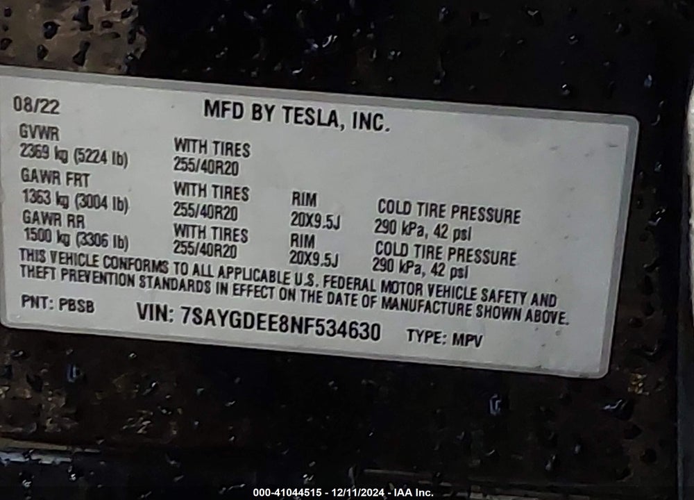 2022 TESLA MODEL Y LONG RANGE DUAL MOTOR ALL-WHEEL DRIVE VIN: 7SAYGDEE8NF534630