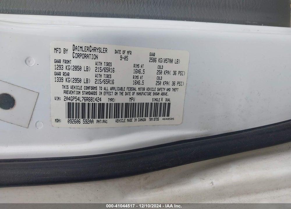 2006 CHRYSLER TOWN & COUNTRY TOURING VIN: 2A4GP54L76R681424