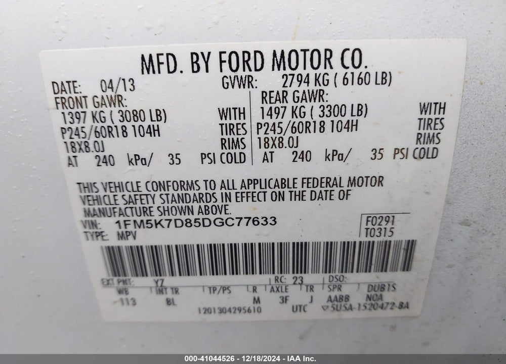 2013 FORD EXPLORER XLT VIN: 1FM5K7D85DGC77633