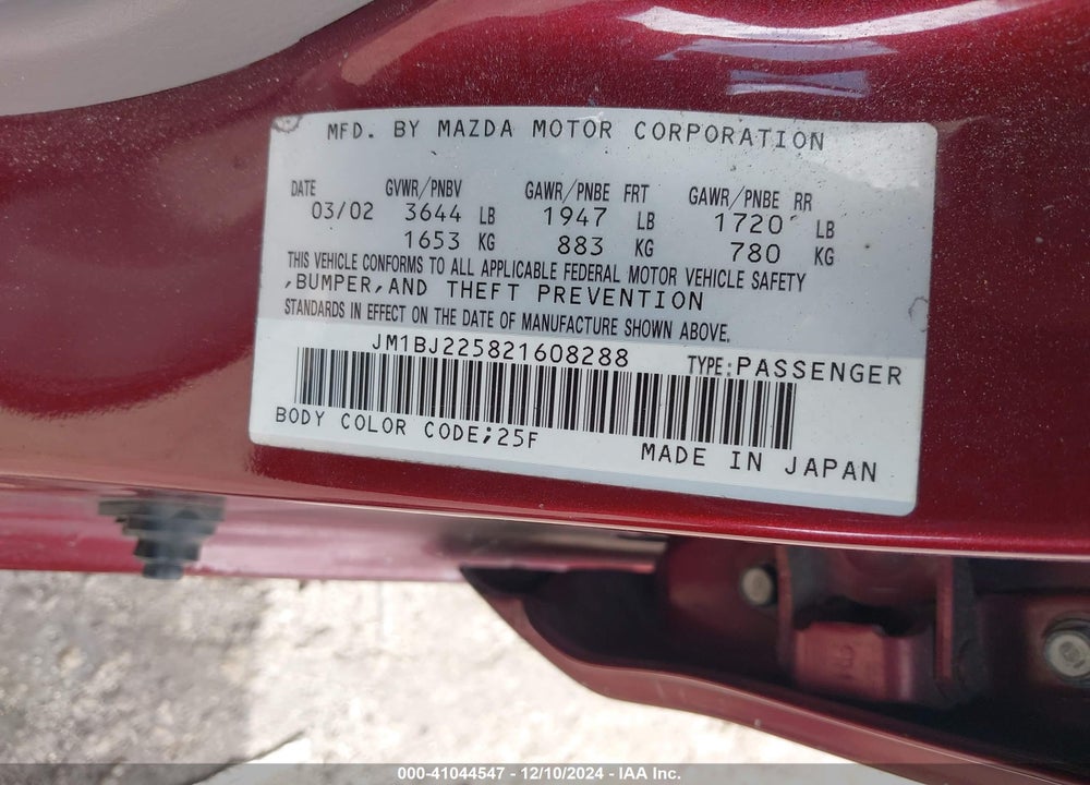 2002 MAZDA PROTEGE DX/ES/LX VIN: JM1BJ225821608288