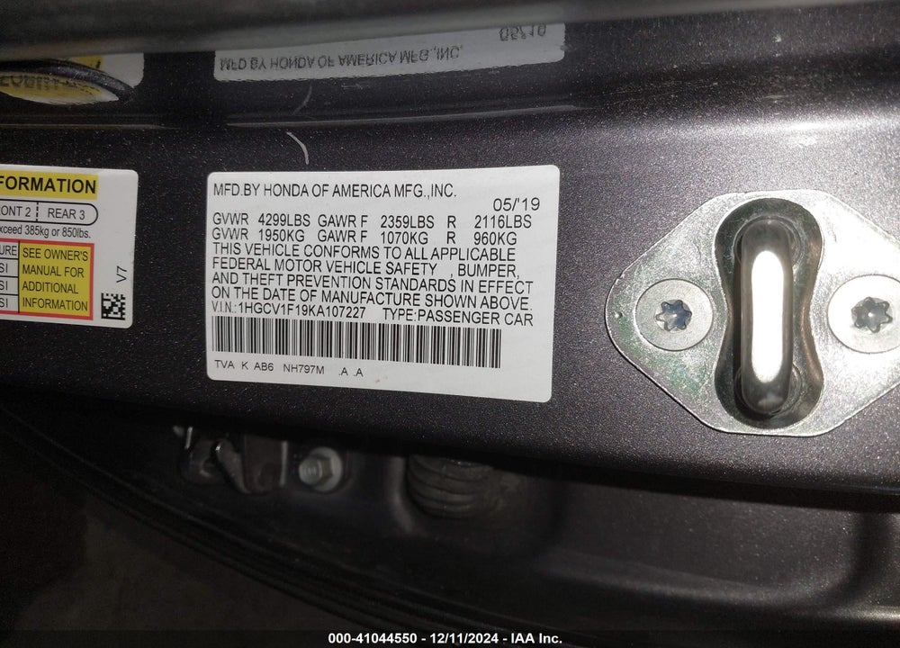 2019 HONDA ACCORD LX VIN: 1HGCV1F19KA107227