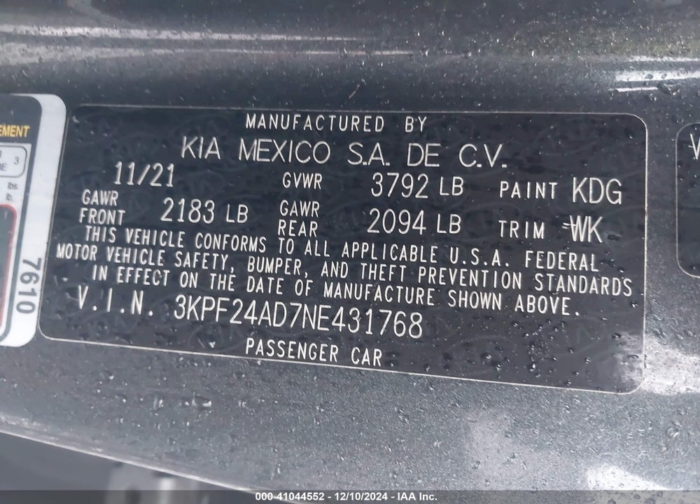 2022 KIA FORTE LXS VIN: 3KPF24AD7NE431768