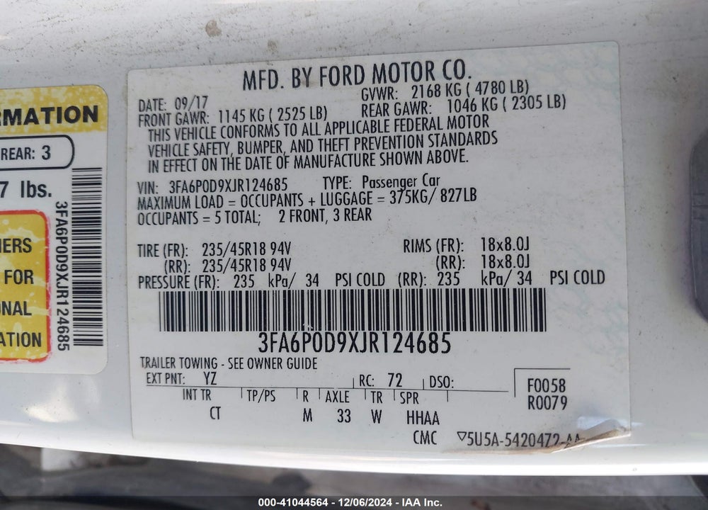 2018 FORD FUSION TITANIUM VIN: 3FA6P0D9XJR124685