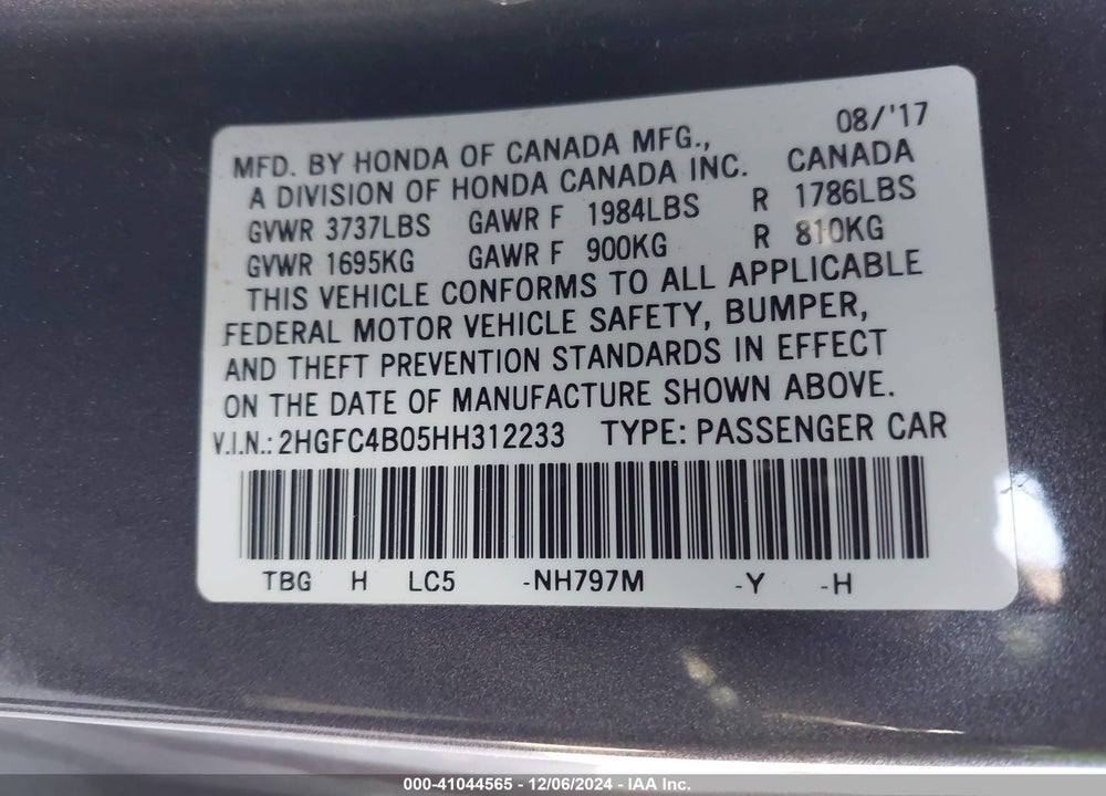 2017 HONDA CIVIC LX-P VIN: 2HGFC4B05HH312233