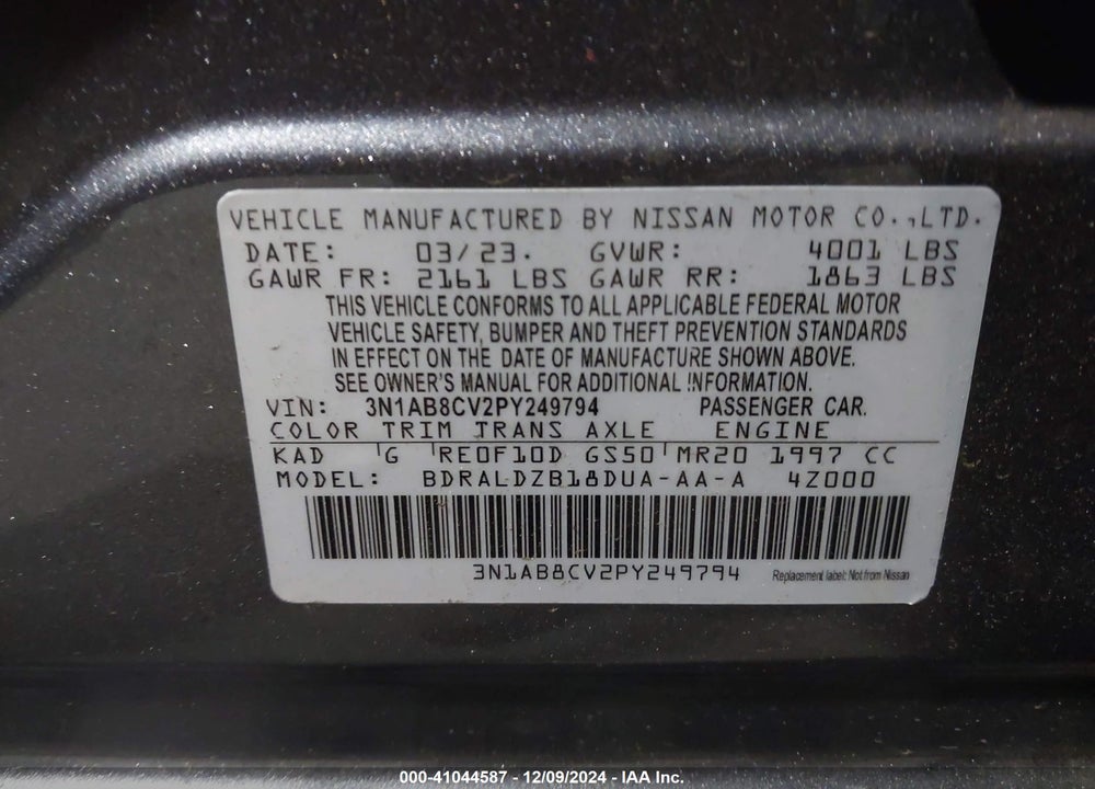 2023 NISSAN SENTRA VIN: 3N1AB8CV2PY249794