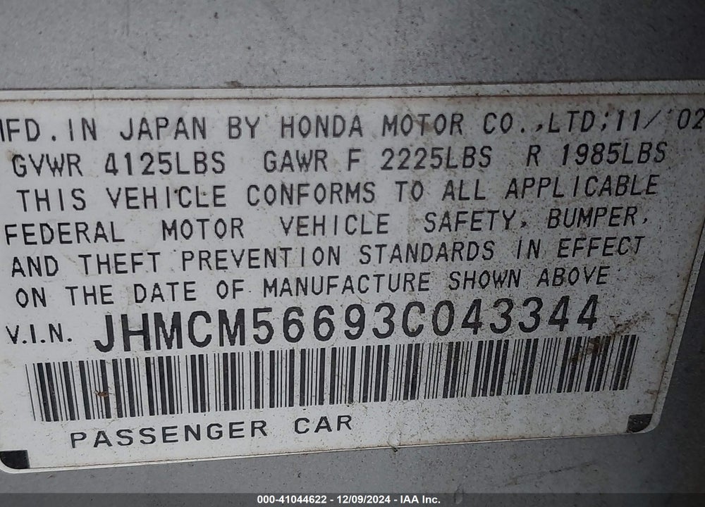 2003 HONDA ACCORD 2.4 EX VIN: JHMCM56693C043344