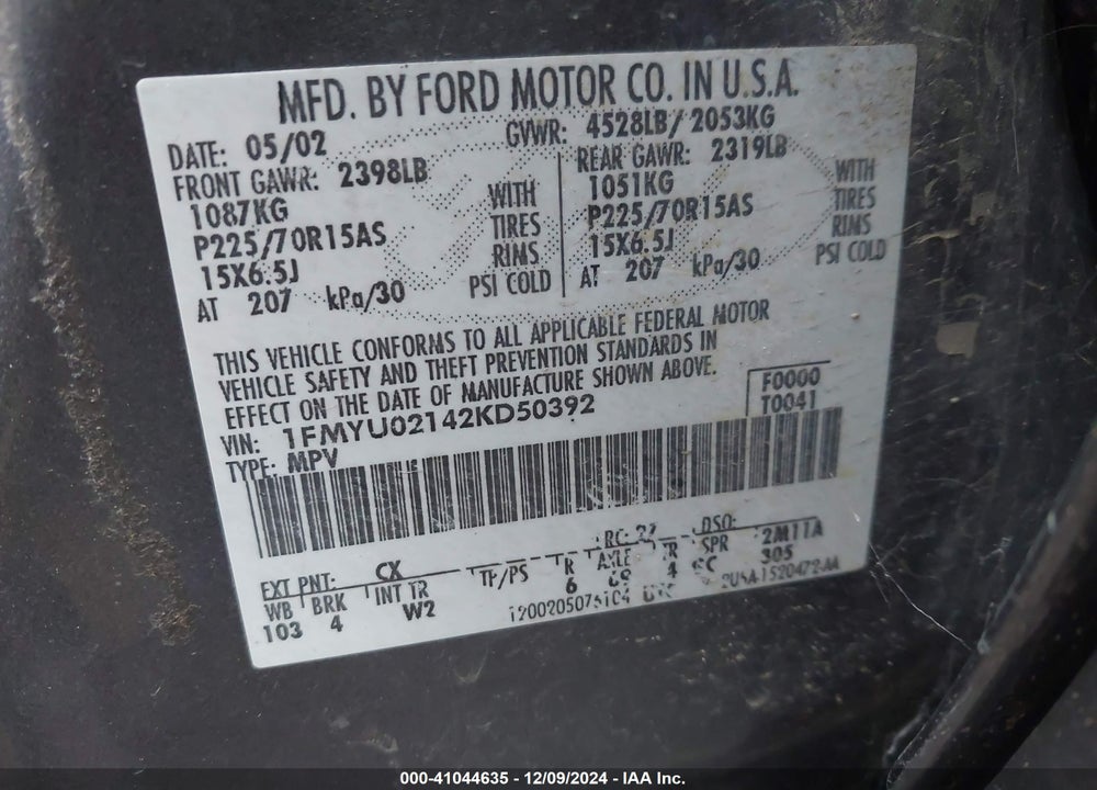 2002 FORD ESCAPE XLS VIN: 1FMYU02142KD50392