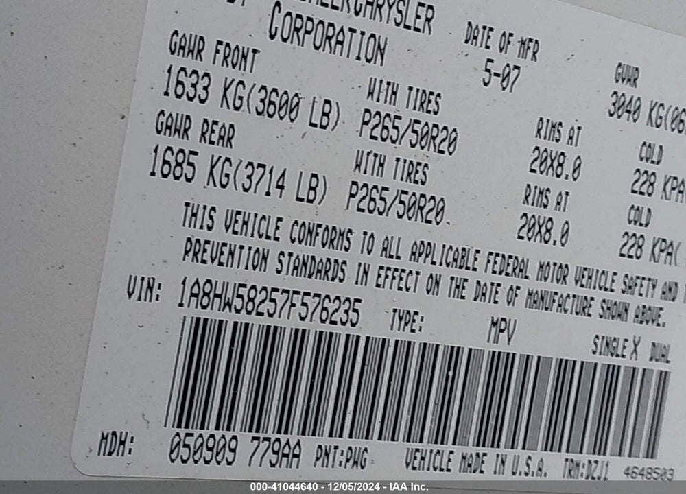2007 CHRYSLER ASPEN LIMITED VIN: 1A8HW58257F576235
