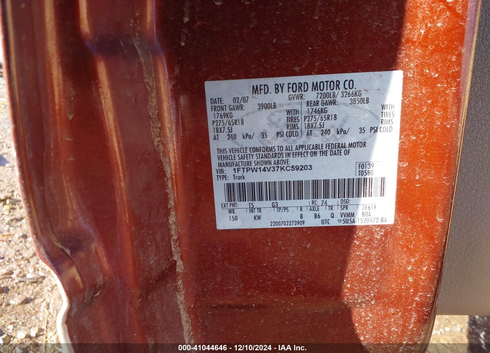 2007 FORD F-150 VIN: 1FTPW14V37KC59203