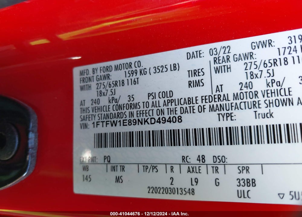 2022 FORD F150 VIN: 1FTFW1E89NKD49408