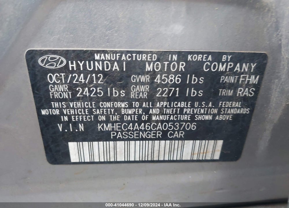 2012 HYUNDAI SONATA HYBRID VIN: KMHEC4A46CA053706