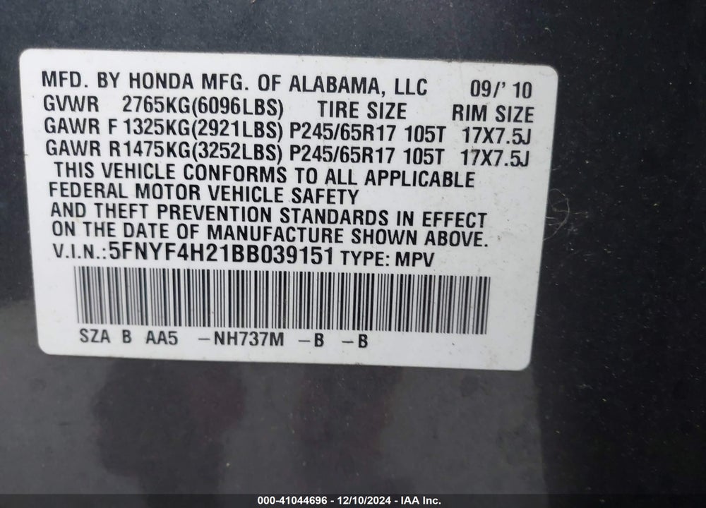 2011 HONDA PILOT LX VIN: 5FNYF4H21BB039151