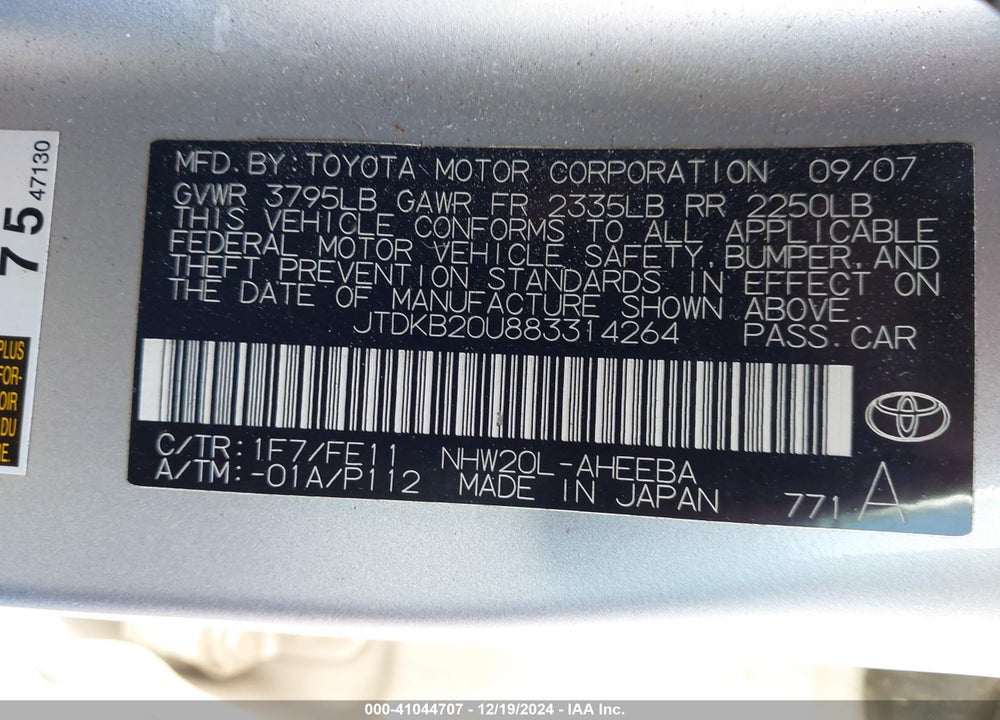 2008 TOYOTA PRIUS VIN: JTDKB20U883314264
