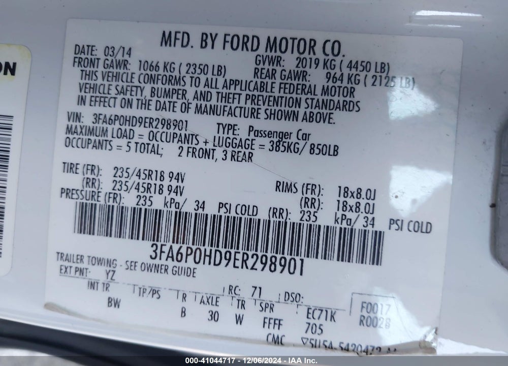 2014 FORD FUSION VIN: 3FA6P0HD9ER298901