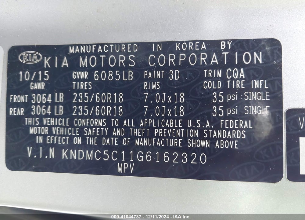 2016 KIA SEDONA EX VIN: KNDMC5C11G6162320