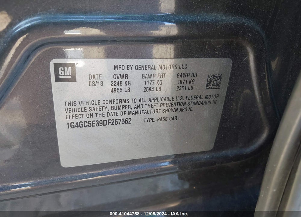 2013 LACROSSE BUICK  LEATHER GROUP VIN: 1G4GC5E39DF267562