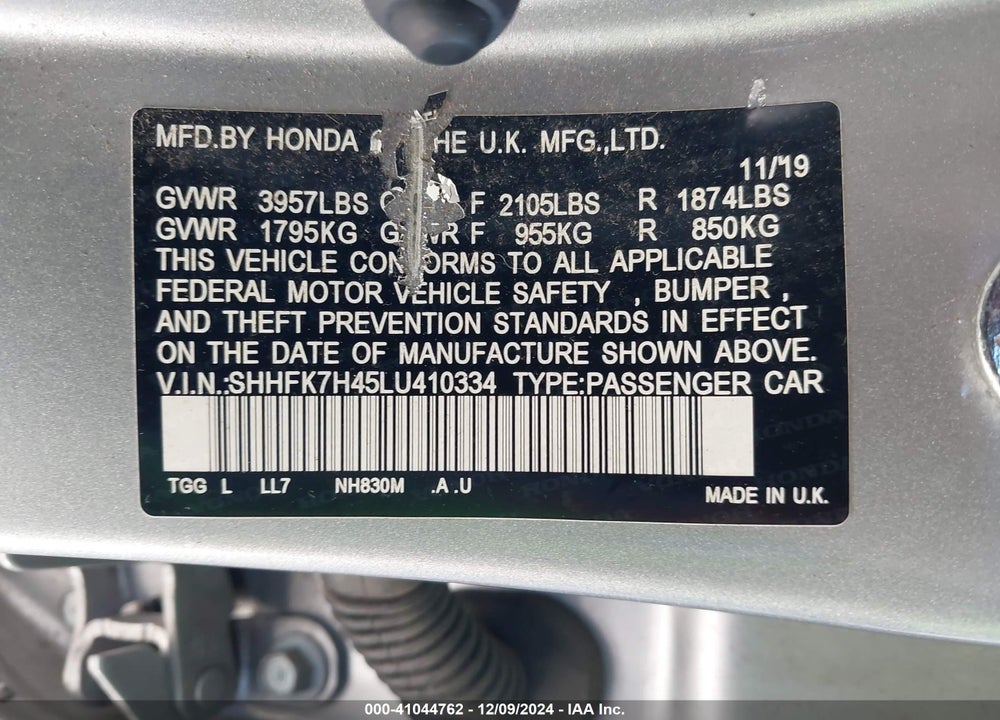 2020 HONDA CIVIC SPORT VIN: SHHFK7H45LU410334
