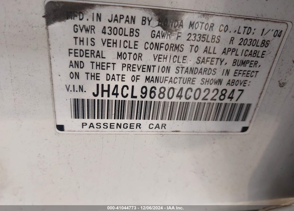 2004 ACURA TSX VIN: JH4CL96804C022847