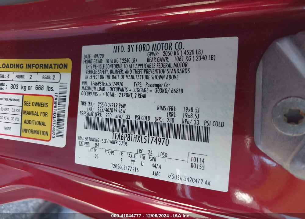 2020 FORD MUSTANG ECOBOOST VIN: 1FA6P8THXL5174970