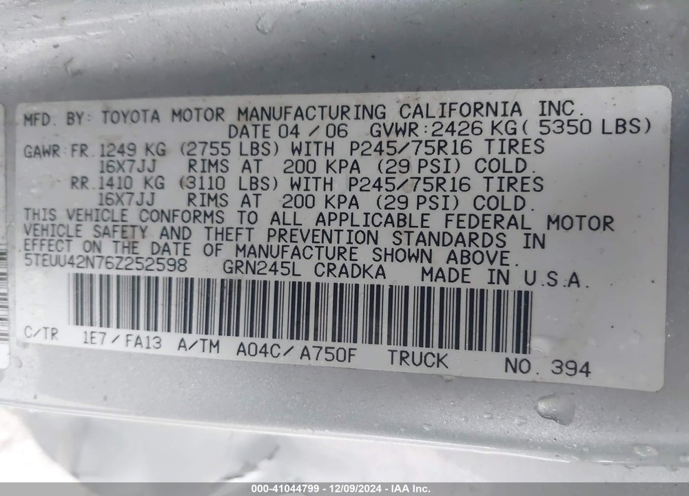2006 TOYOTA TACOMA BASE V6 VIN: 5TEUU42N76Z252598