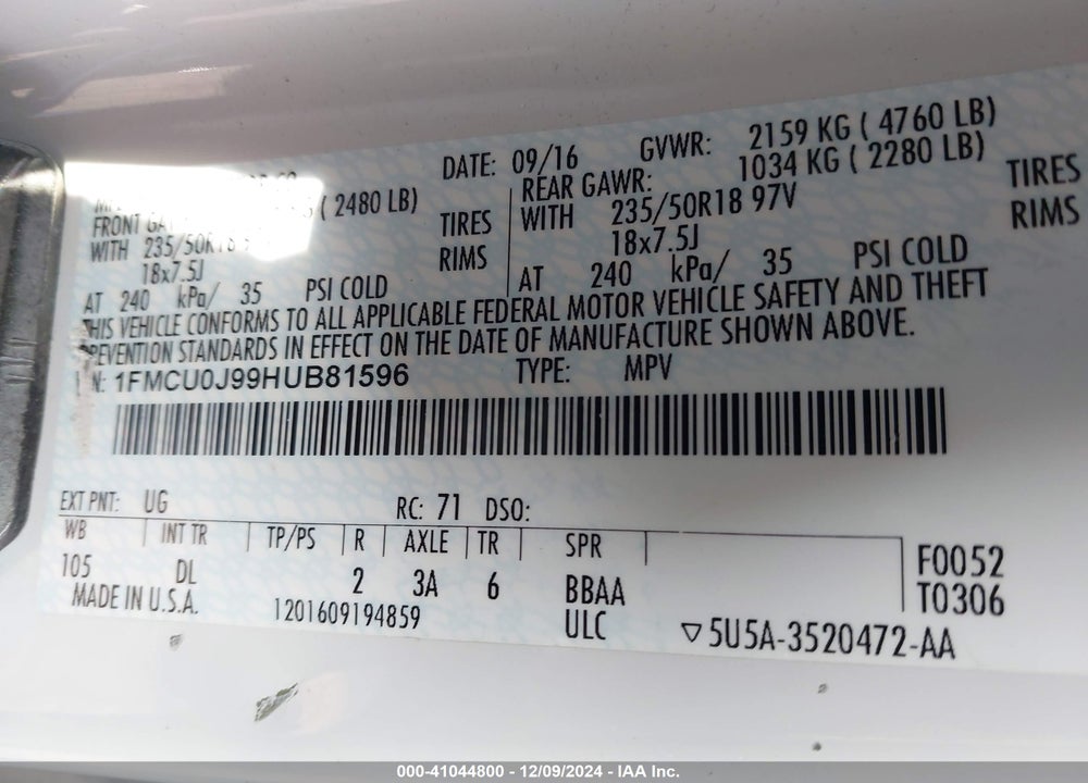 2017 FORD ESCAPE VIN: 1FMCU0J99HUB81596