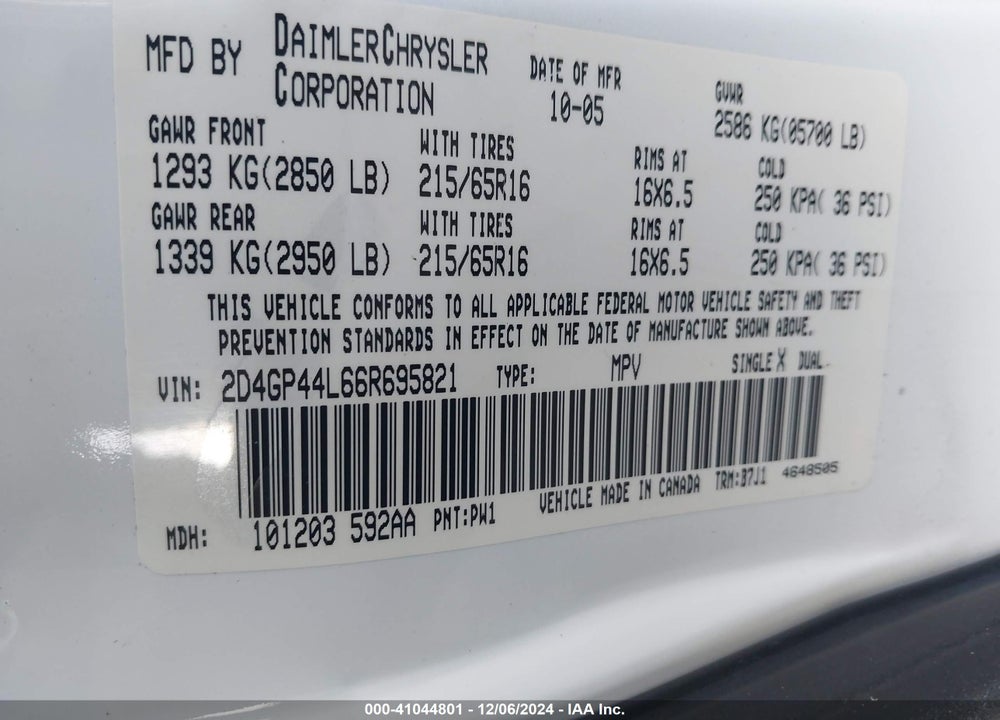 2006 DODGE GRAND CARAVAN SXT VIN: 2D4GP44L66R695821