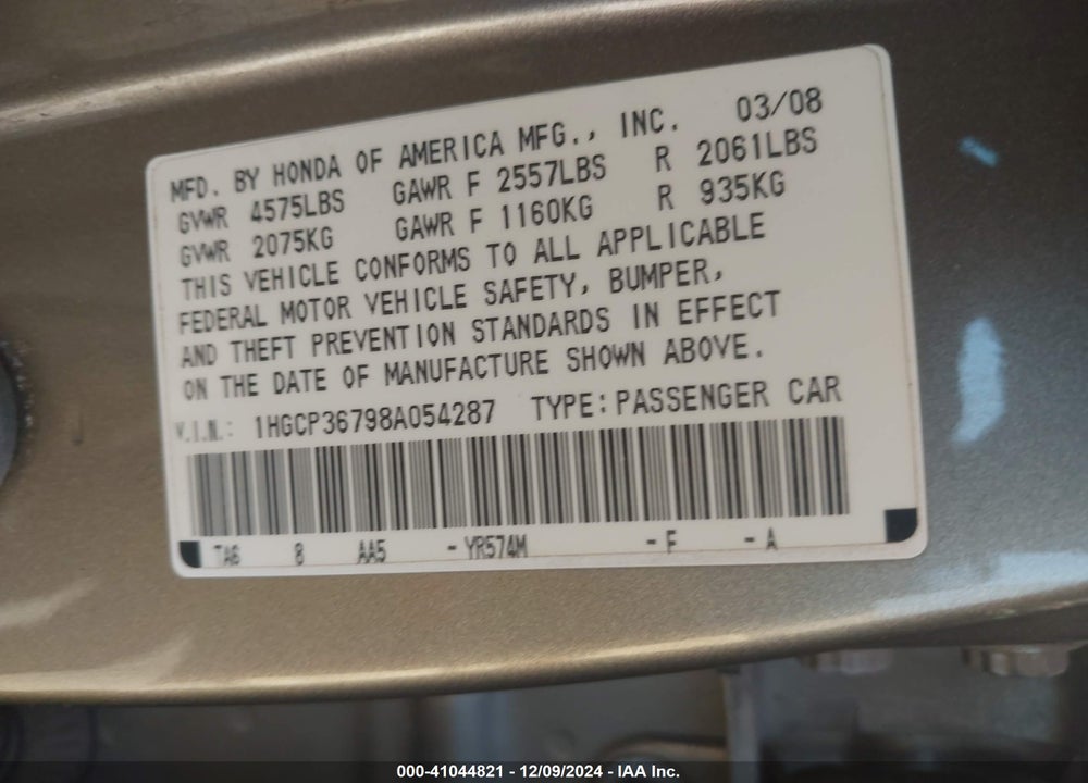 2008 HONDA ACCORD VIN: 1HGCP36798A054287