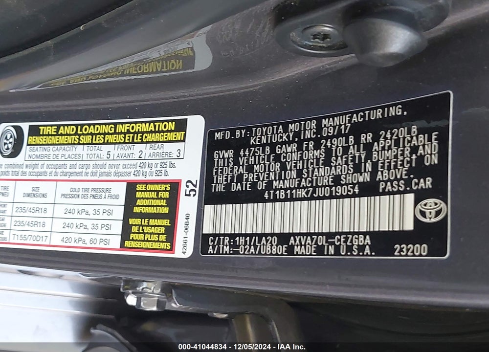 2018 TOYOTA CAMRY VIN: 4T1B11HK7JU019054