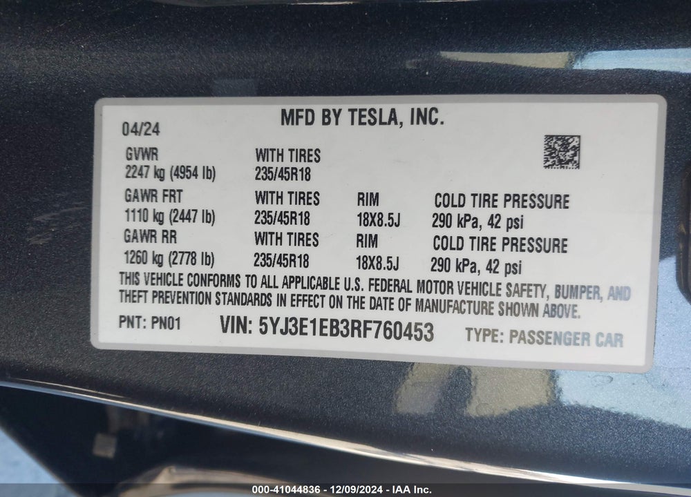 2024 TESLA MODEL 3 LONG RANGE DUAL MOTOR ALL-WHEEL DRIVE VIN: 5YJ3E1EB3RF760453