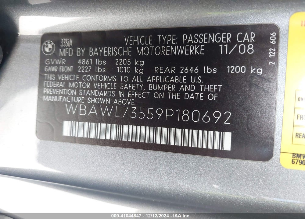 2009 BMW 335I VIN: WBAWL73559P180692