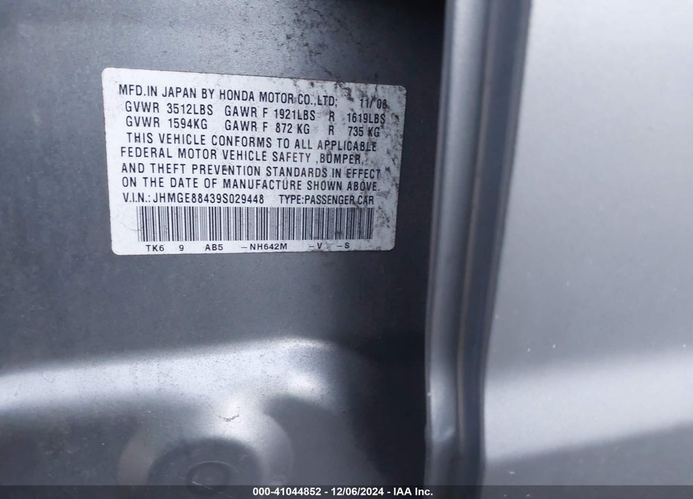 2009 HONDA FIT SPORT VIN: JHMGE88439S029448
