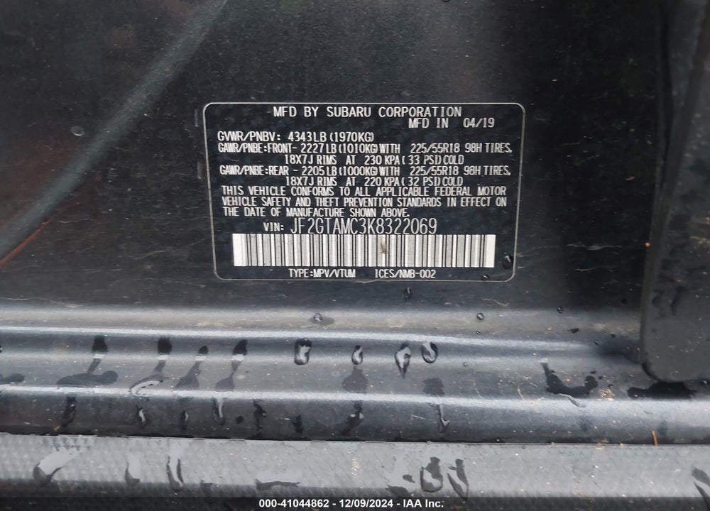 2019 SUBARU CROSSTREK VIN: JF2GTAMC3K8322069