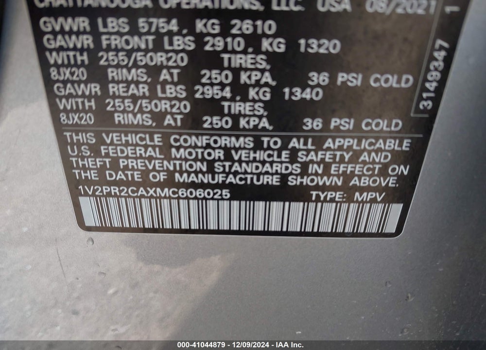 2021 VOLKSWAGEN ATLAS VIN: 1V2PR2CAXMC606025