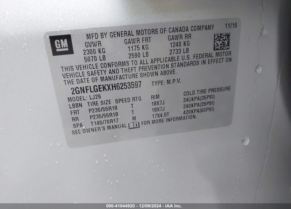 2017 CHEVROLET EQUINOX VIN: 2GNFLGEKXH6253597