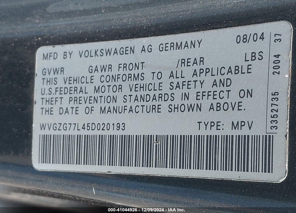 2005 VOLKSWAGEN TOUAREG V6 VIN: WVGZG77L45D020193