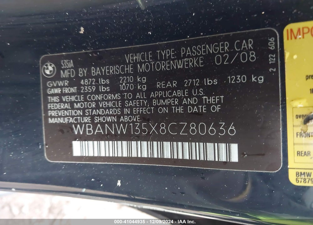 2008 BMW 535I VIN: WBANW135X8CZ80636