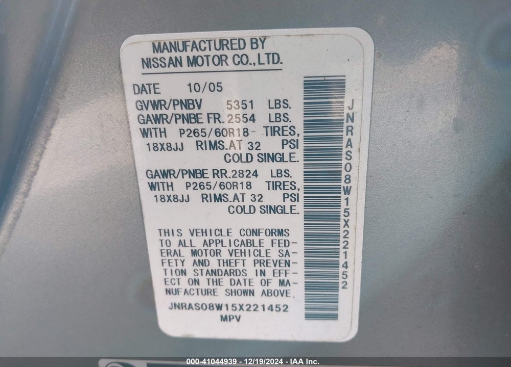 2005 INFINITI FX35 VIN: JNRAS08W15X221452