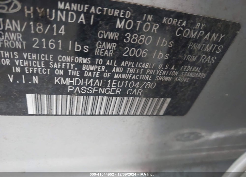2014 HYUNDAI ELANTRA SE VIN: KMHDH4AE1EU104780
