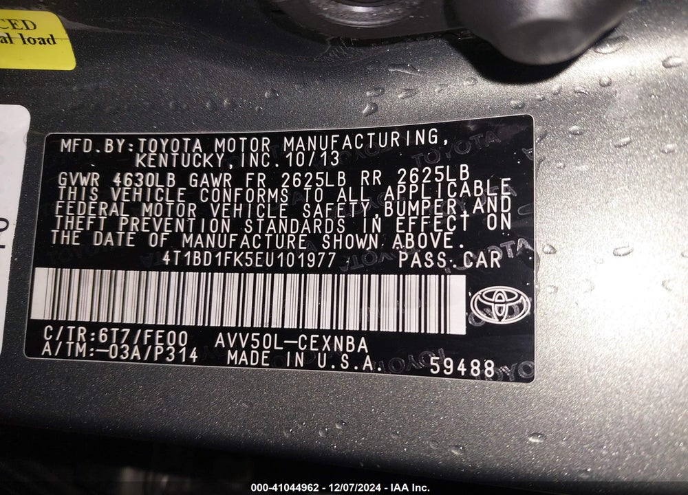 2014 TOYOTA CAMRY HYBRID LE VIN: 4T1BD1FK5EU101977