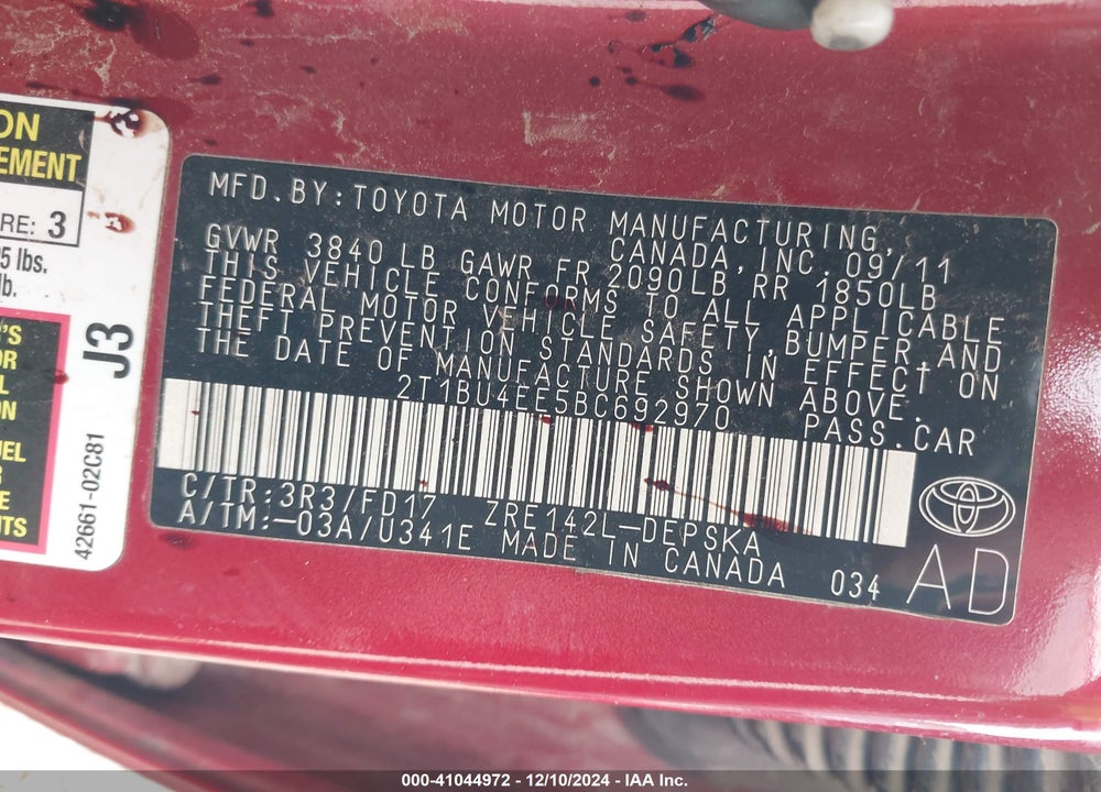 2011 TOYOTA COROLLA S VIN: 2T1BU4EE5BC692970