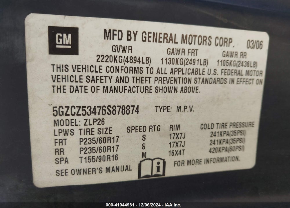 2006 SATURN VUE V6 VIN: 5GZCZ53476S878874
