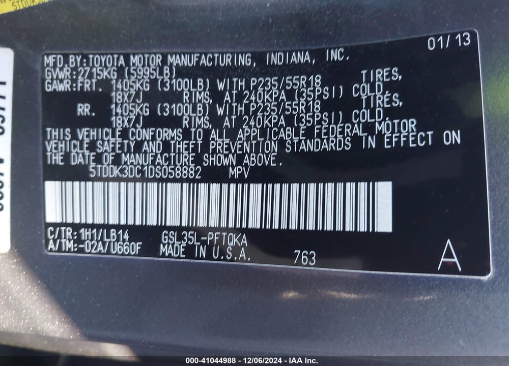 2013 TOYOTA SIENNA XLE 7 PASSENGER VIN: 5TDDK3DC1DS058882