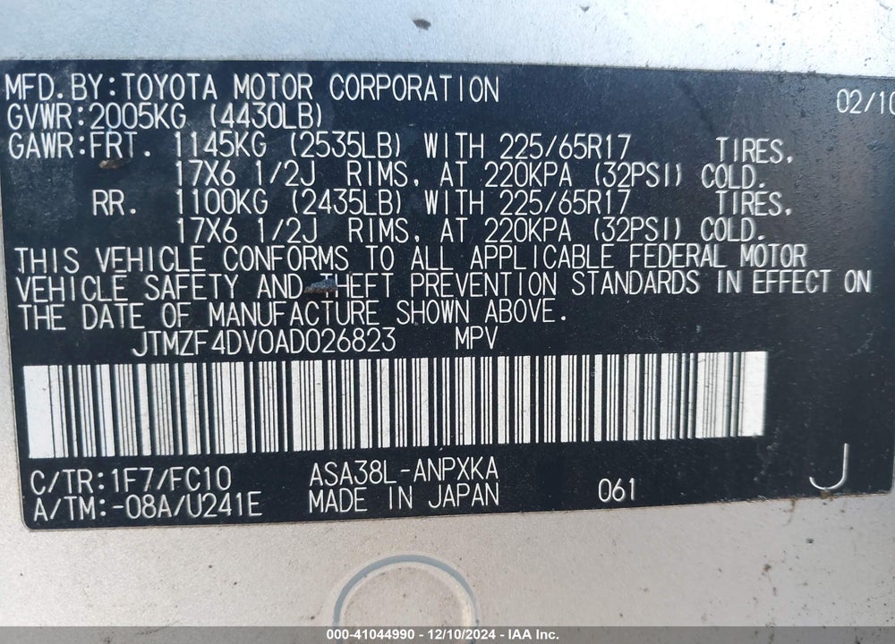 2010 TOYOTA RAV4 VIN: JTMZF4DV0AD026823