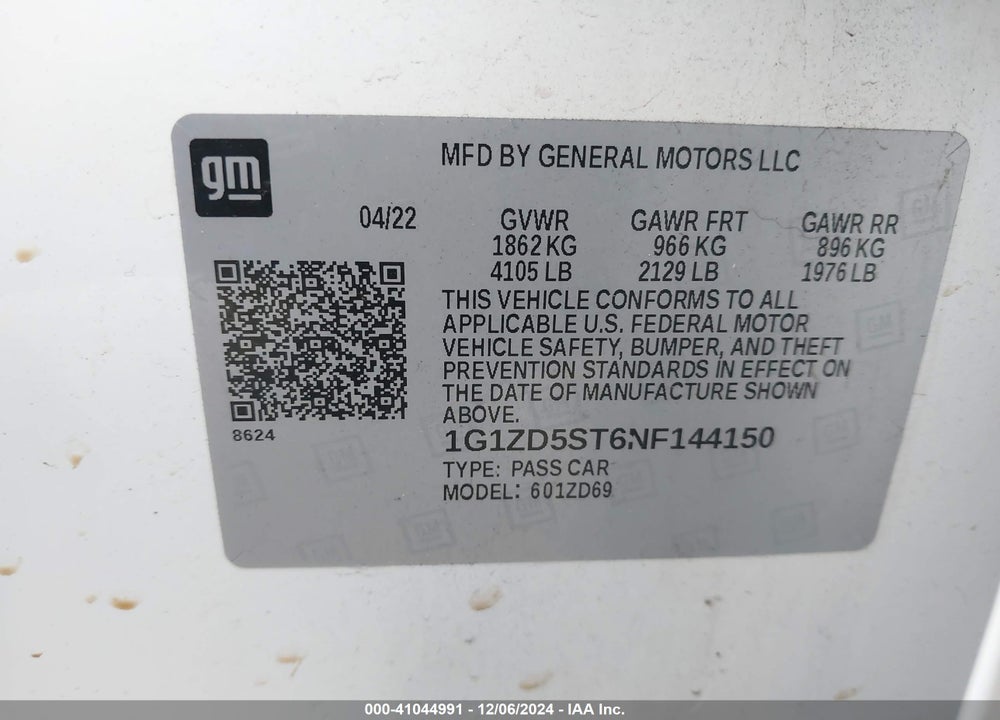 2022 CHEVROLET MALIBU FWD LT VIN: 1G1ZD5ST6NF144150