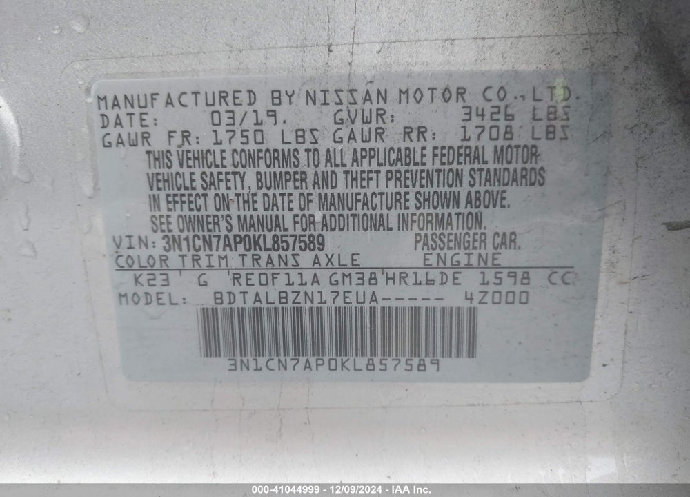 2019 NISSAN VERSA 1.6 SV VIN: 3N1CN7AP0KL857589