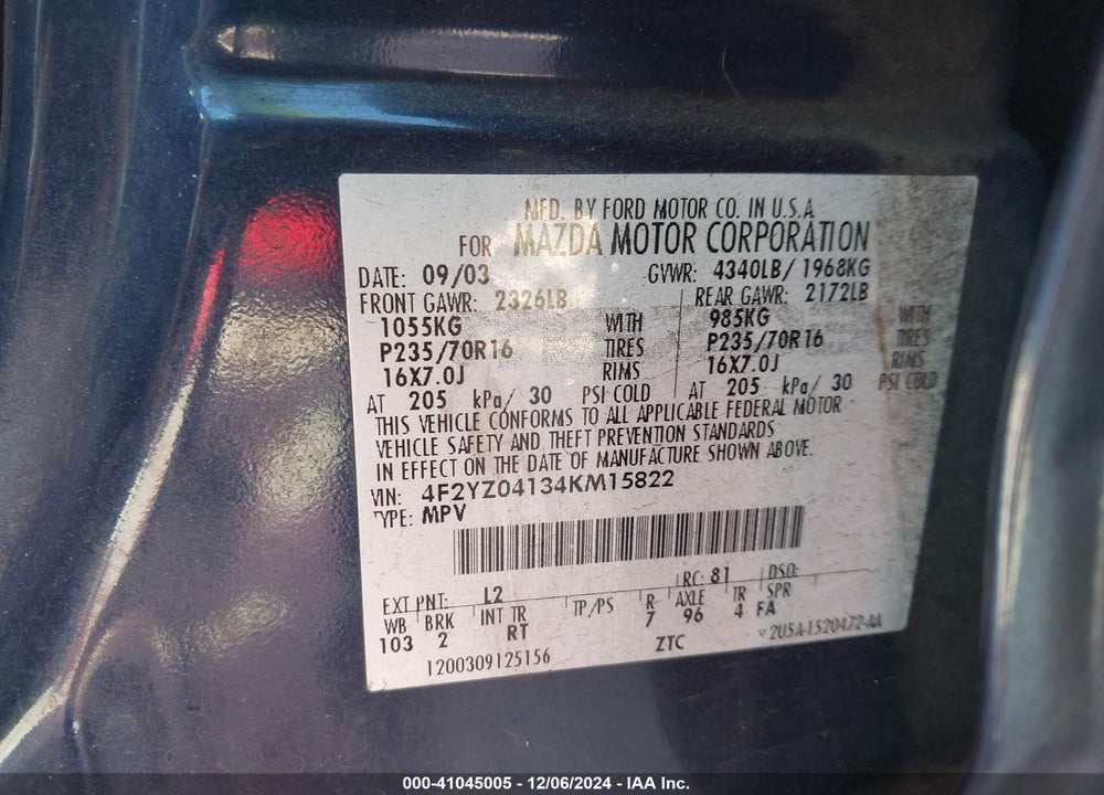 2004 MAZDA TRIBUTE LX V6 VIN: 4F2YZ04134KM15822