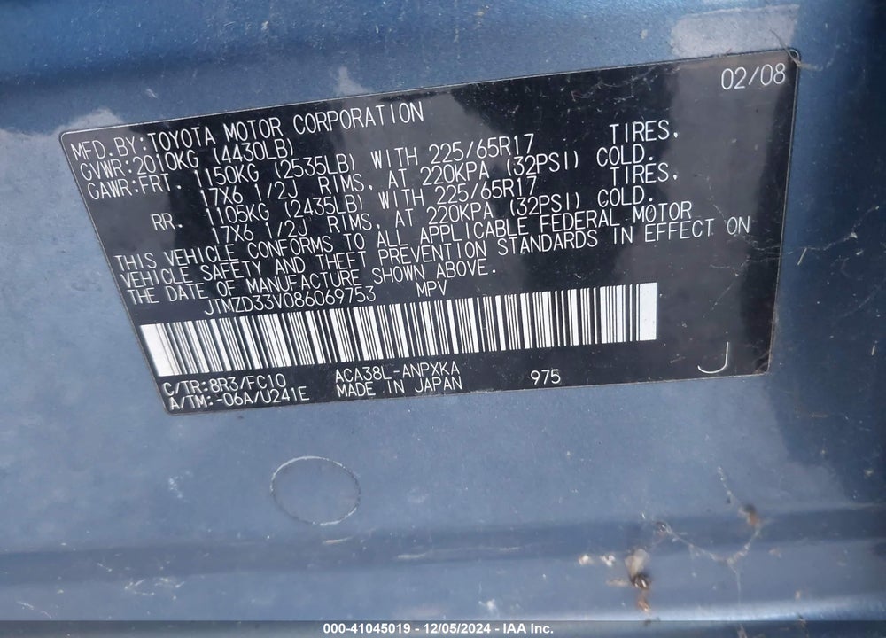 2008 TOYOTA RAV4 VIN: JTMZD33V086069753