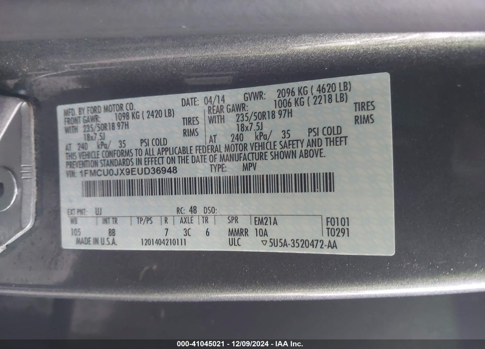 2014 FORD ESCAPE VIN: 1FMCU0JX9EUD36948