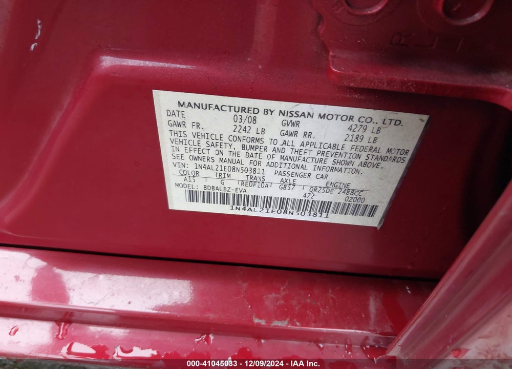 2008 NISSAN ALTIMA 2.5 S VIN: 1N4AL21E08N503811