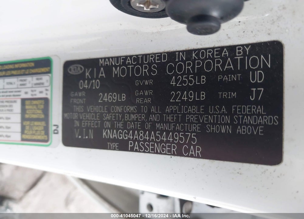 2010 KIA OPTIMA LX VIN: KNAGG4A84A5449575